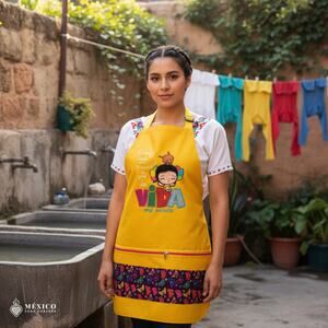 Mexican embroidered faux leather apron for women kitchen cooking